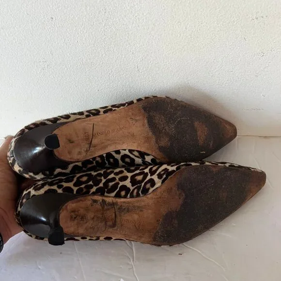 90'S VINTAGE MANOLO BLAHNIK PONY HAIR LEOPARD KITTN HEEL PUMP SZ 40.5 / 10.5 - Picture 7 of 8
